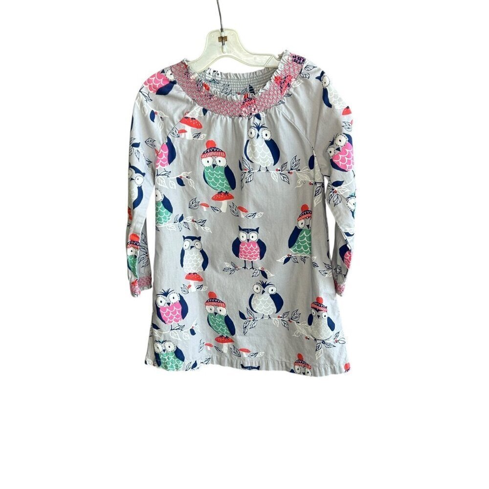 Mini Boden Girls Owl Dress Smocked Yoke Size 5-6X